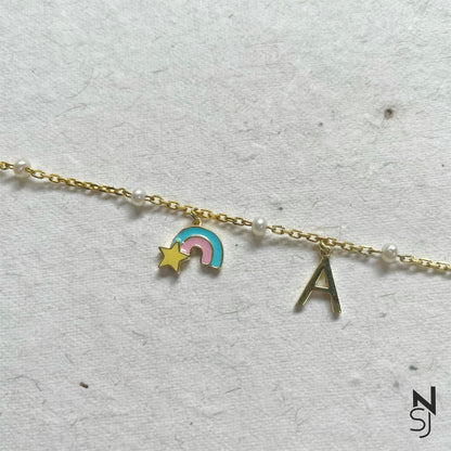 Rainbow and Custom Initial Bracelet | Personalised 925 Silver Jewellery for Kids | Niashine