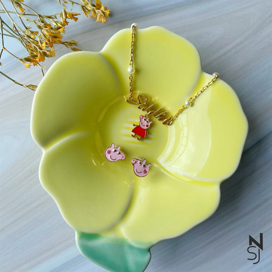 Custom Name Peppa Neckchain & Studs Set