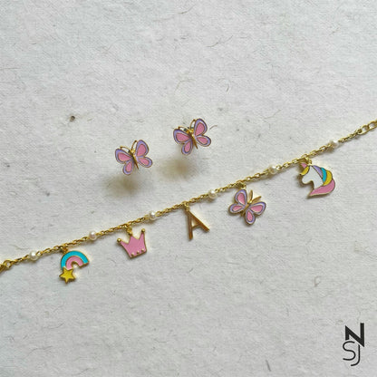 Custom Initial Charm Bracelet & Studs Set | Personalised 925 Silver Jewellery for Kids | Niashine