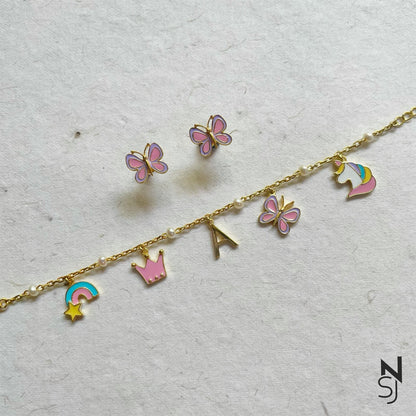 Custom Initial Charm Bracelet & Studs Set | Personalised 925 Silver Jewellery for Kids | Niashine