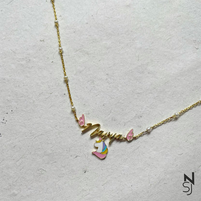 Custom Name Angel Wing Neckchain with a unicorn hanging | Personalised 925 Silver Jewellery for Kids | Niashine