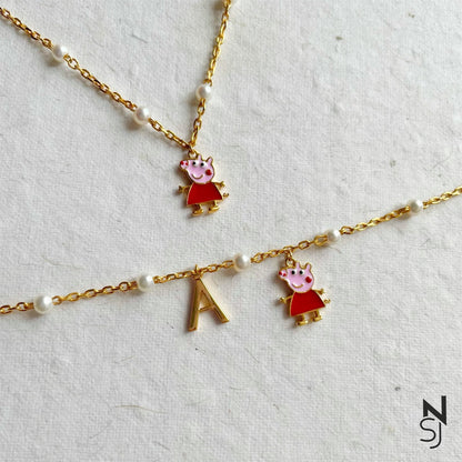 Peppa Pig Neckchain & Peppa Pig Initial Bracelet Set | Personalised 925 Silver Jewellery for Kids | Niashine