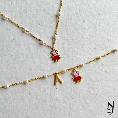 Peppa Pig Neckchain & Peppa Pig Initial Bracelet Set | Personalised 925 Silver Jewellery for Kids | Niashine