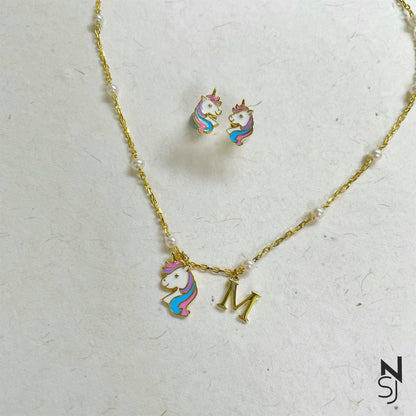 Custom Initial Unicorn Neckchain & Studs Set | Personalised 925 Silver Jewellery for Kids | Niashine
