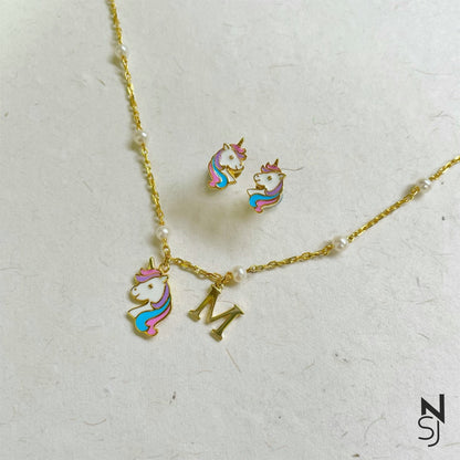 Custom Initial Unicorn Neckchain & Studs Set | Personalised 925 Silver Jewellery for Kids | Niashine