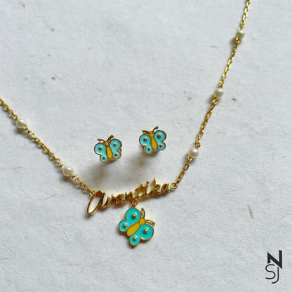 Custom Name Neckchain & Studs Set in Gold-Plated Silver | Personalised 925 Silver Jewellery for Kids | Niashine