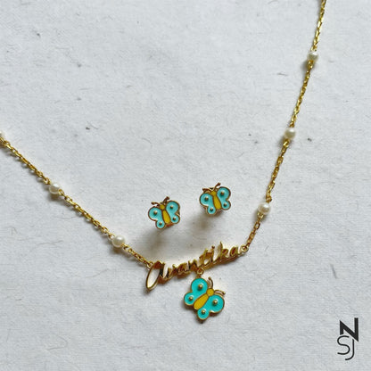 Custom Name Neckchain & Studs Set in Gold-Plated Silver | Personalised 925 Silver Jewellery for Kids | Niashine