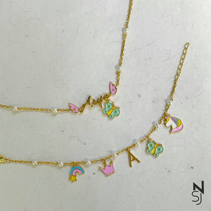 Name Neckchain & Charm Bracelet Set in Gold-Plated Silver | Personalised 925 Silver Jewellery for Kids | Niashine