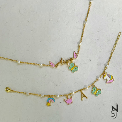 Name Neckchain & Charm Bracelet Set in Gold-Plated Silver | Personalised 925 Silver Jewellery for Kids | Niashine