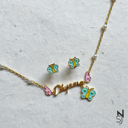Custom Name Neckchain & Studs Set in Gold-Plated Silver | Personalised 925 Silver Jewellery for Kids | Niashine