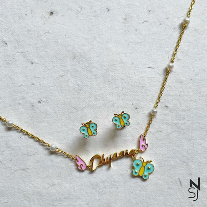 Custom Name Neckchain & Studs Set in Gold-Plated Silver | Personalised 925 Silver Jewellery for Kids | Niashine
