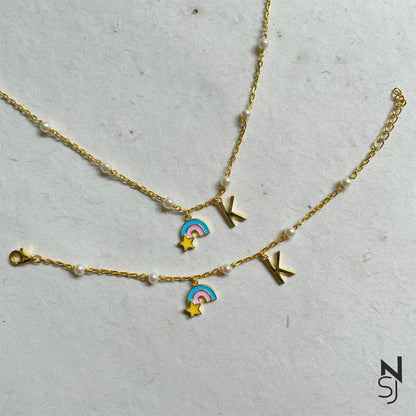 Custom Initial Rainbow Neckchain & Bracelet Set | Personalised 925 Silver Jewellery for Kids | Niashine