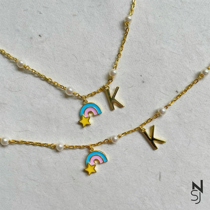 Custom Initial Rainbow Neckchain & Bracelet Set | Personalised 925 Silver Jewellery for Kids | Niashine