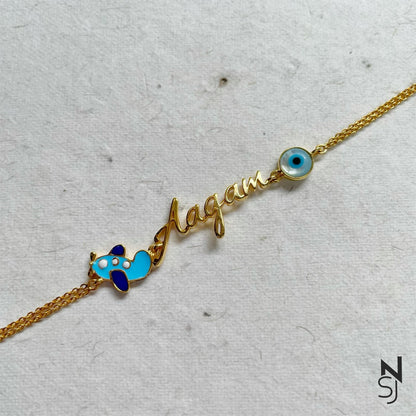 Custom Name Aeroplane Evil Eye Bracelet | Personalised 925 Silver Jewellery for Kids | Niashine