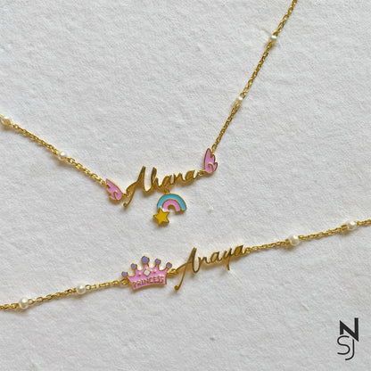 Custom Name Angel Wings Neckchain with Rainbow | Personalised 925 Silver Jewellery for Kids | Niashine