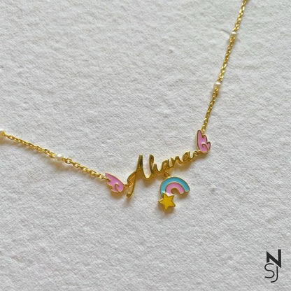 Custom Name Angel Wings Neckchain with Rainbow | Personalised 925 Silver Jewellery for Kids | Niashine