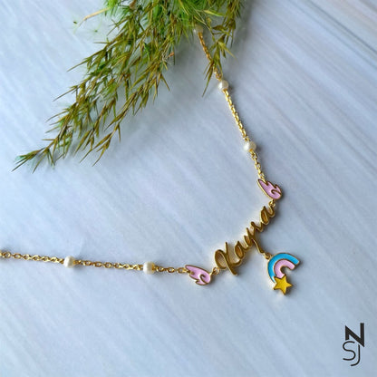 Custom Name Angel Wings Neckchain with Rainbow | Personalised 925 Silver Jewellery for Kids | Niashine