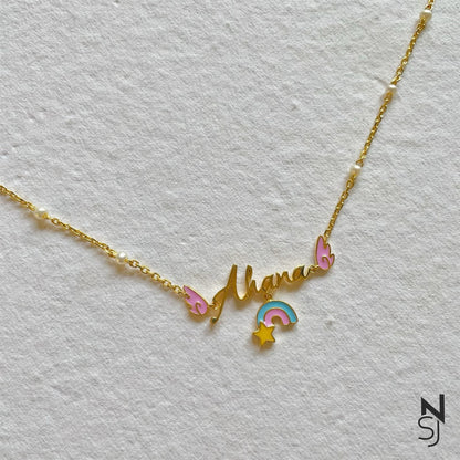 Custom Name Angel Wings Neckchain with Rainbow | Personalised 925 Silver Jewellery for Kids | Niashine
