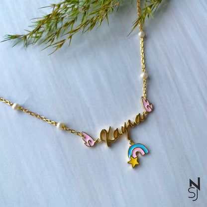 Custom Name Angel Wings Neckchain with Rainbow | Personalised 925 Silver Jewellery for Kids | Niashine