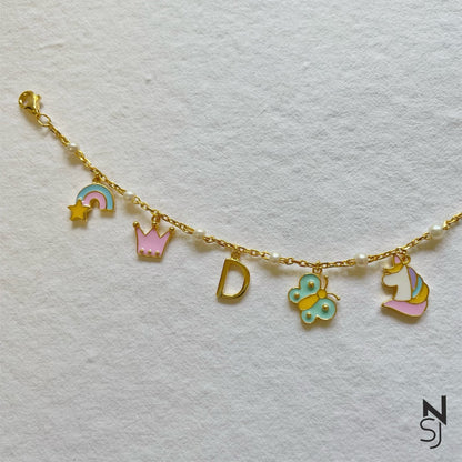 Name Neckchain & Charm Bracelet Set in Gold-Plated Silver | Personalised 925 Silver Jewellery for Kids | Niashine