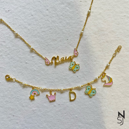 Name Neckchain & Charm Bracelet Set in Gold-Plated Silver | Personalised 925 Silver Jewellery for Kids | Niashine