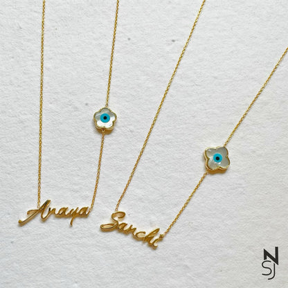 Custom Name Clover Evil Eye Neckchain | Personalised 925 Silver Jewellery for Kids | Niashine