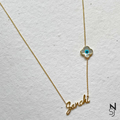 Custom Name Clover Evil Eye Neckchain | Personalised 925 Silver Jewellery for Kids | Niashine