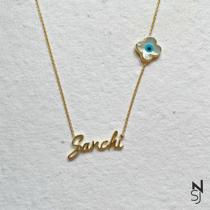 Custom Name Clover Evil Eye Neckchain | Personalised 925 Silver Jewellery for Kids | Niashine