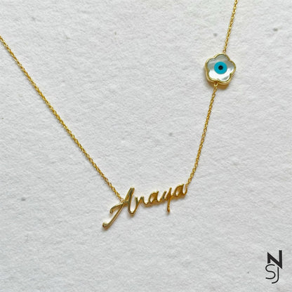 Custom Name Flower Evil Eye Neckchain | Personalised 925 Silver Jewellery for Kids | Niashine