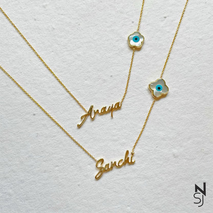 Custom Name Flower Evil Eye Neckchain | Personalised 925 Silver Jewellery for Kids | Niashine