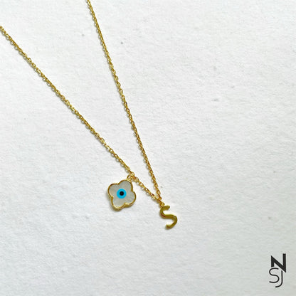 Custom Initial Clover Evil Eye Neckchain | Personalised 925 Silver Jewellery for Kids | Niashine