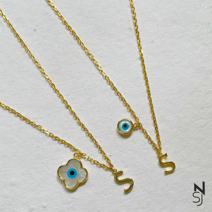 Custom Initial Clover Evil Eye Neckchain | Personalised 925 Silver Jewellery for Kids | Niashine