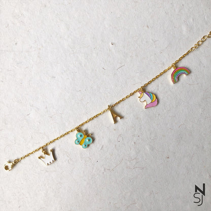 Rainbows & Butterflies Charm Bracelet | Personalised 925 Silver Jewellery for Kids | Niashine