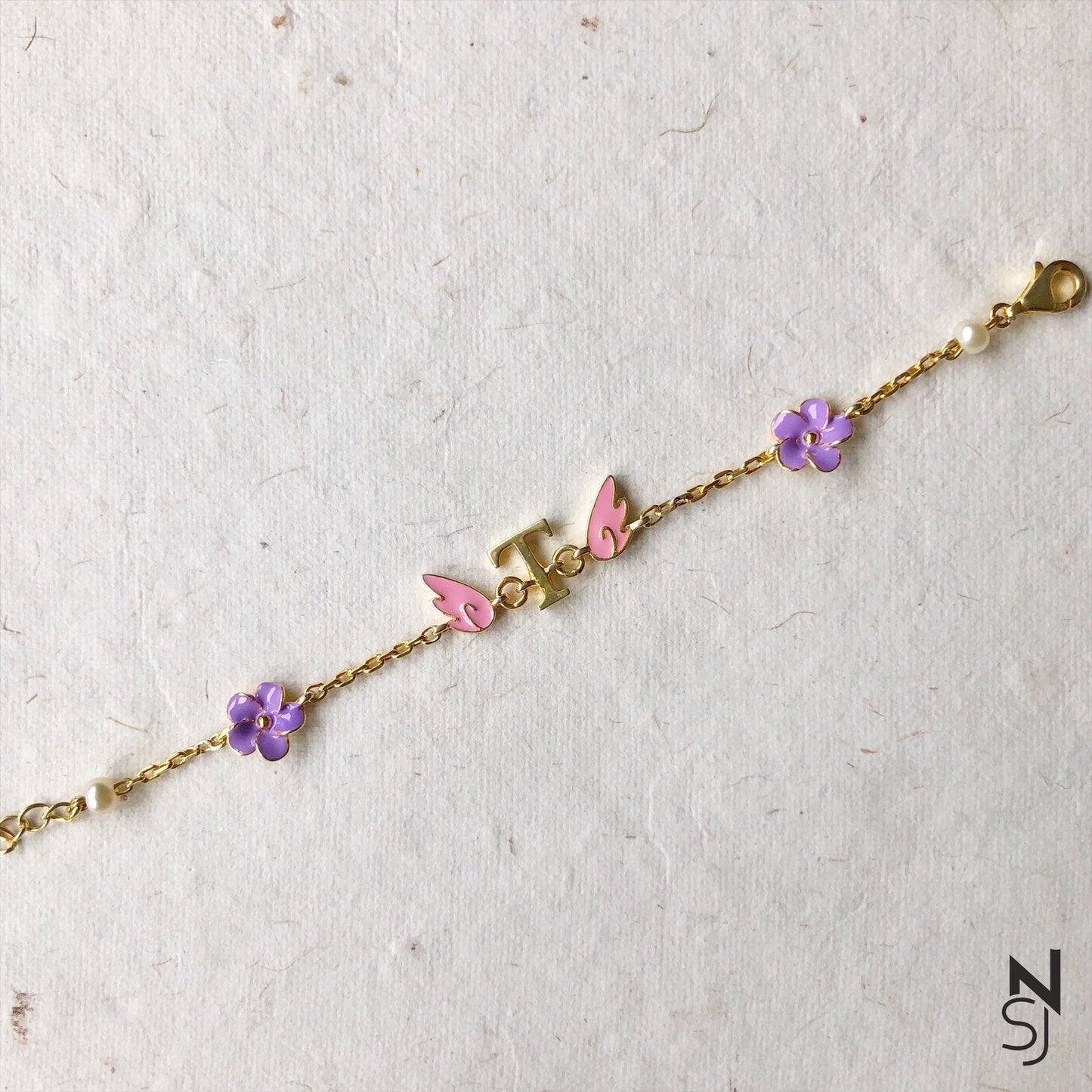 Angel wings with Custom Initial and flowers bracelet