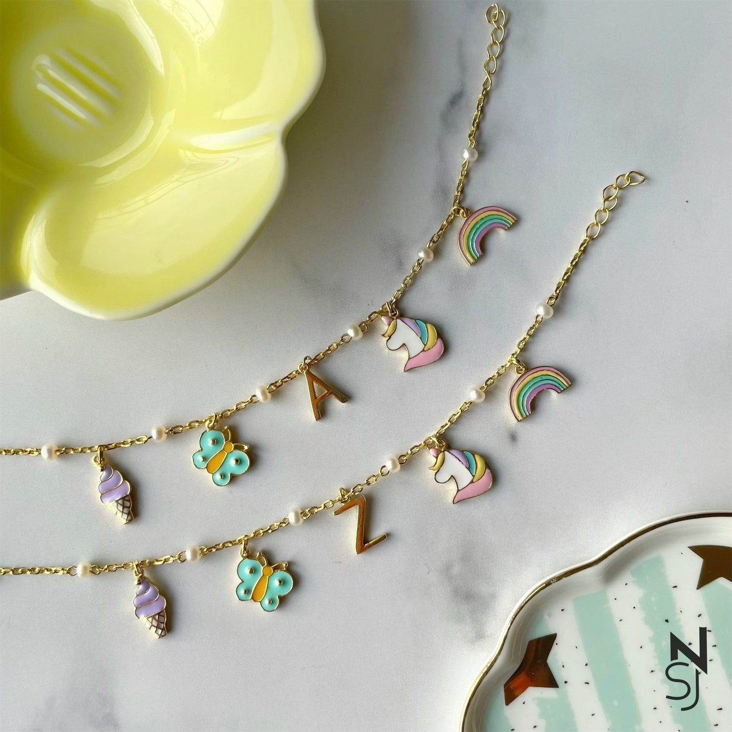 Rainbow Delight Charm Bracelet with Custom Initial | Personalised 925 Silver Jewellery for Kids | Niashine