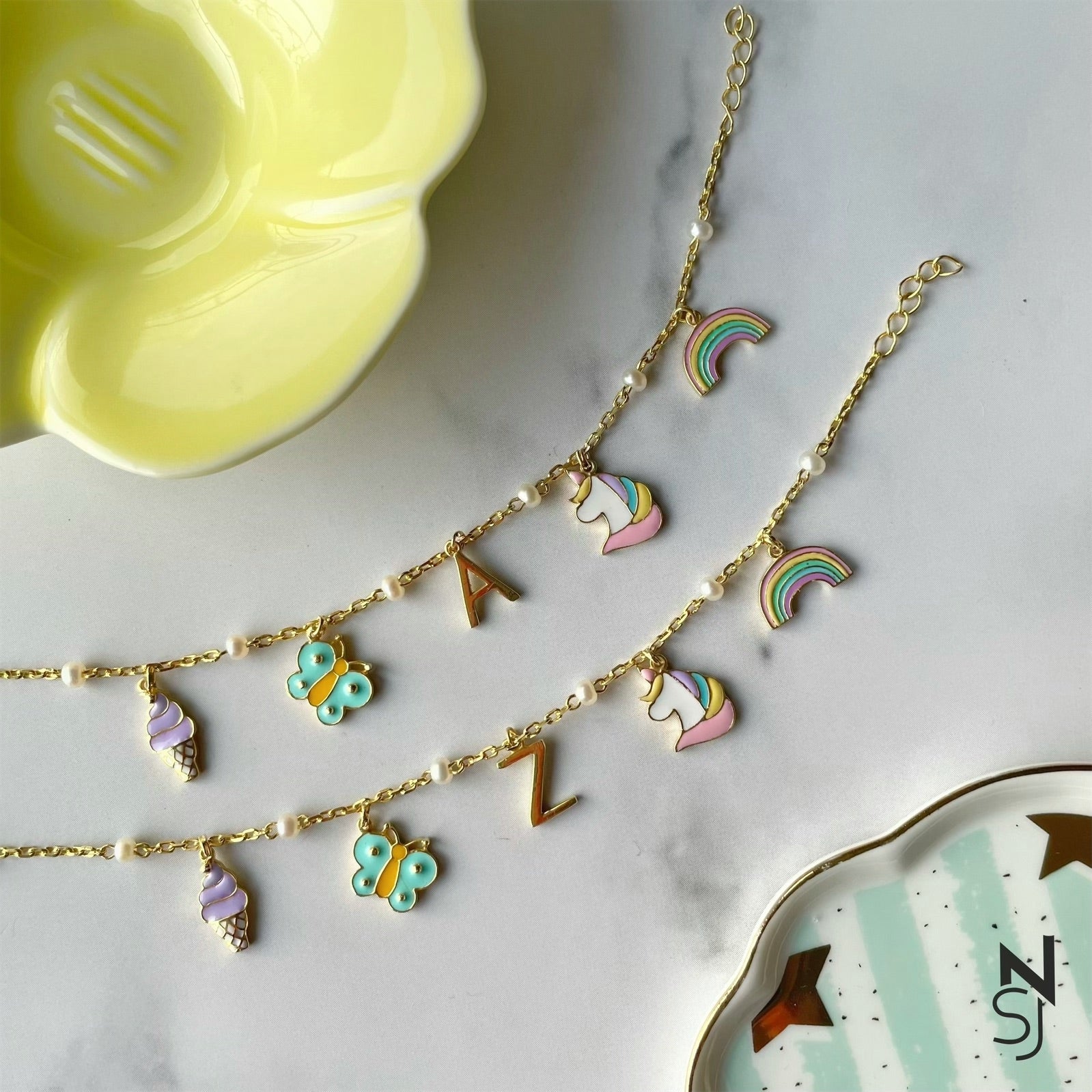 Rainbow Delight Charm Bracelet with Custom Initial | Personalised 925 Silver Jewellery for Kids | Niashine
