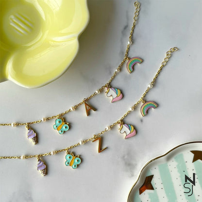 Rainbow Delight Charm Bracelet with Custom Initial | Personalised 925 Silver Jewellery for Kids | Niashine