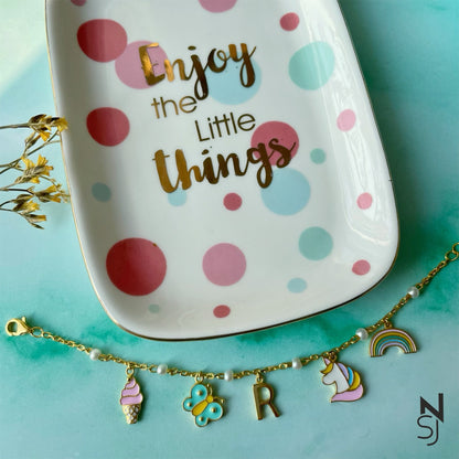 Rainbow Delight Charm Bracelet with Custom Initial | Personalised 925 Silver Jewellery for Kids | Niashine