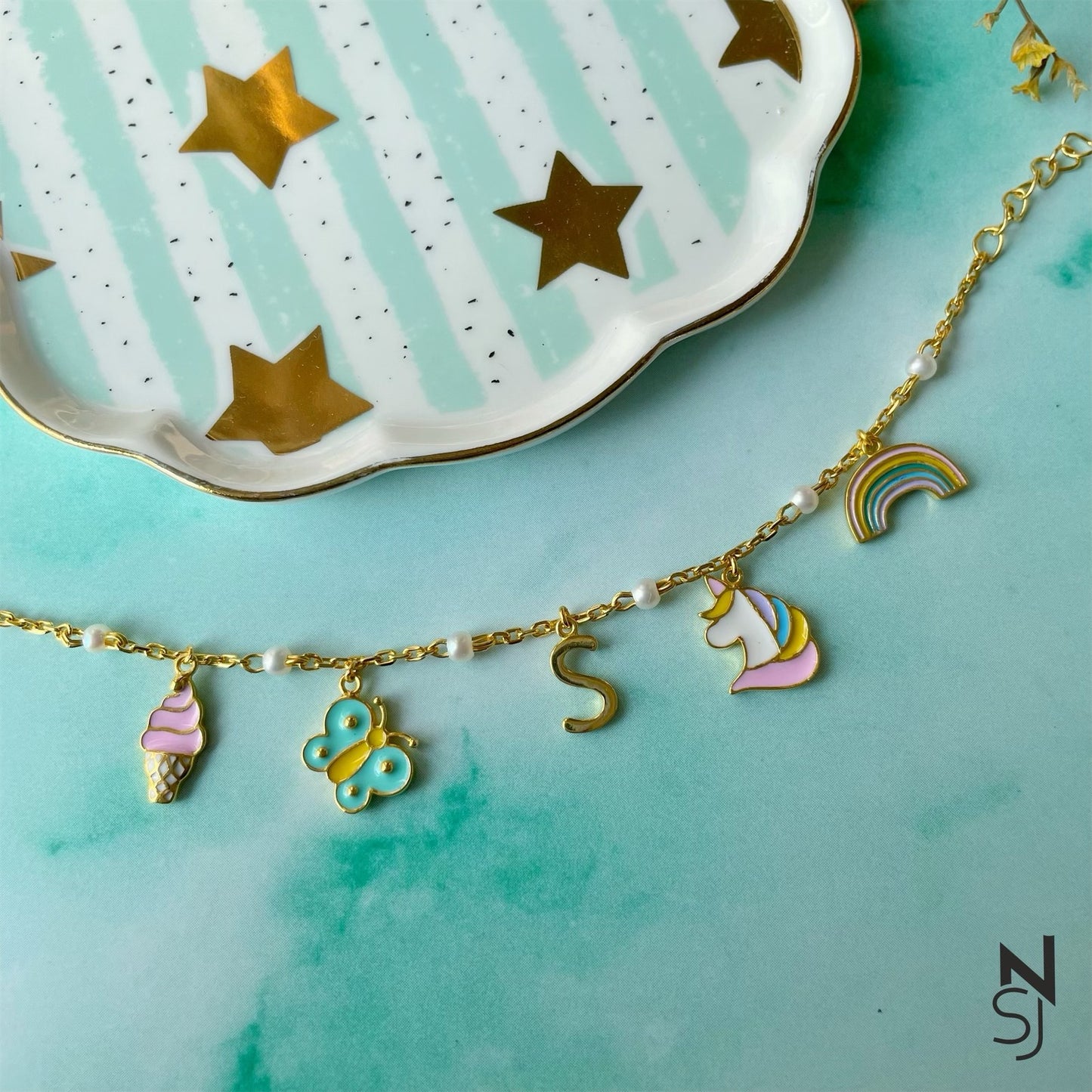 Rainbow Delight Charm Bracelet with Custom Initial | Personalised 925 Silver Jewellery for Kids | Niashine