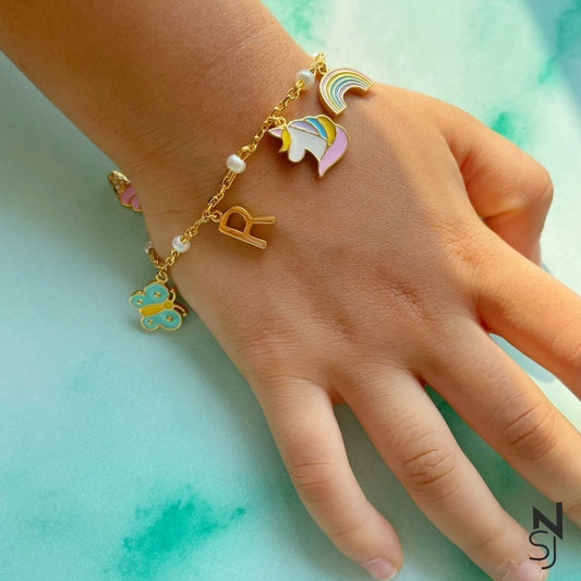 Rainbow Delight Charm Bracelet with Custom Initial | Personalised 925 Silver Jewellery for Kids | Niashine