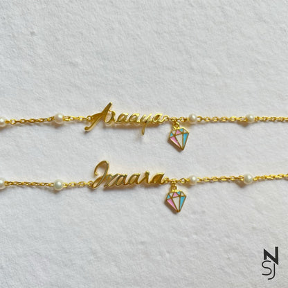 Custom Name with Dangling Diamond Bracelet | Personalised 925 Silver Jewellery for Kids | Niashine