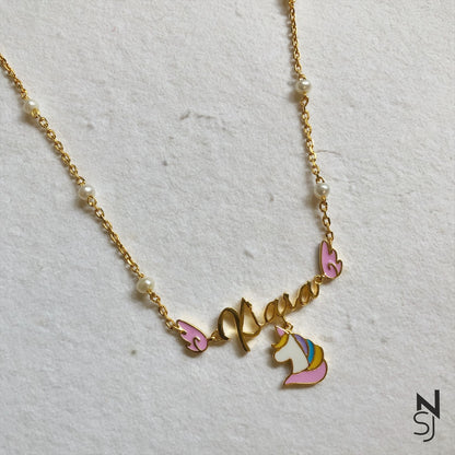 Custom Name Angel Wing Neckchain with a unicorn hanging | Personalised 925 Silver Jewellery for Kids | Niashine
