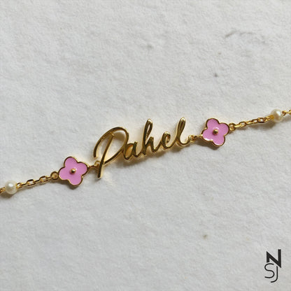 Custom Name Pink Flower Bracelet | Personalised 925 Silver Jewellery for Kids | Niashine