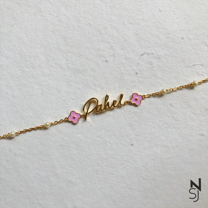 Custom Name Pink Flower Bracelet | Personalised 925 Silver Jewellery for Kids | Niashine