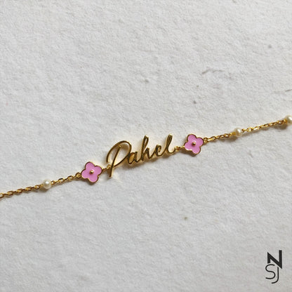 Custom Name Pink Flower Bracelet | Personalised 925 Silver Jewellery for Kids | Niashine