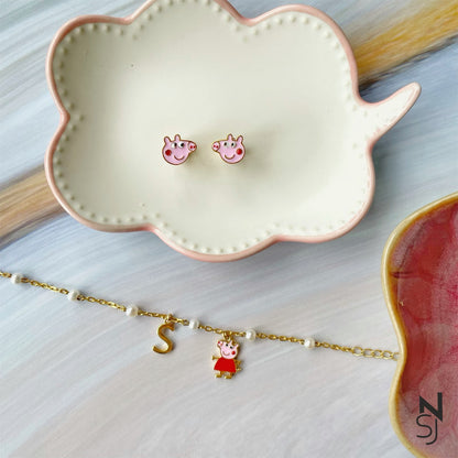 Peppa Pig Bracelet & Studs Set | Personalised 925 Silver Jewellery for Kids | Niashine