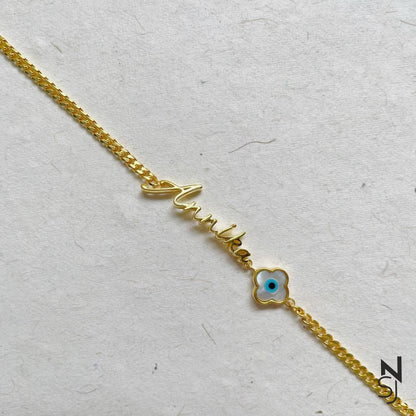 Name & Clover Evil Eye Bracelet | Personalised 925 Silver Jewellery for Kids | Niashine