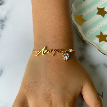 Custom Name with Dangling Diamond Bracelet | Personalised 925 Silver Jewellery for Kids | Niashine