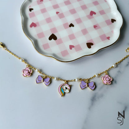 Unicorn & Bow Charm Bracelet | Personalised 925 Silver Jewellery for Kids | Niashine