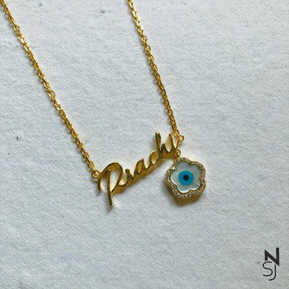 Custom Name Evil Eye Flower Neckchain | Personalised 925 Silver Jewellery for Kids | Niashine